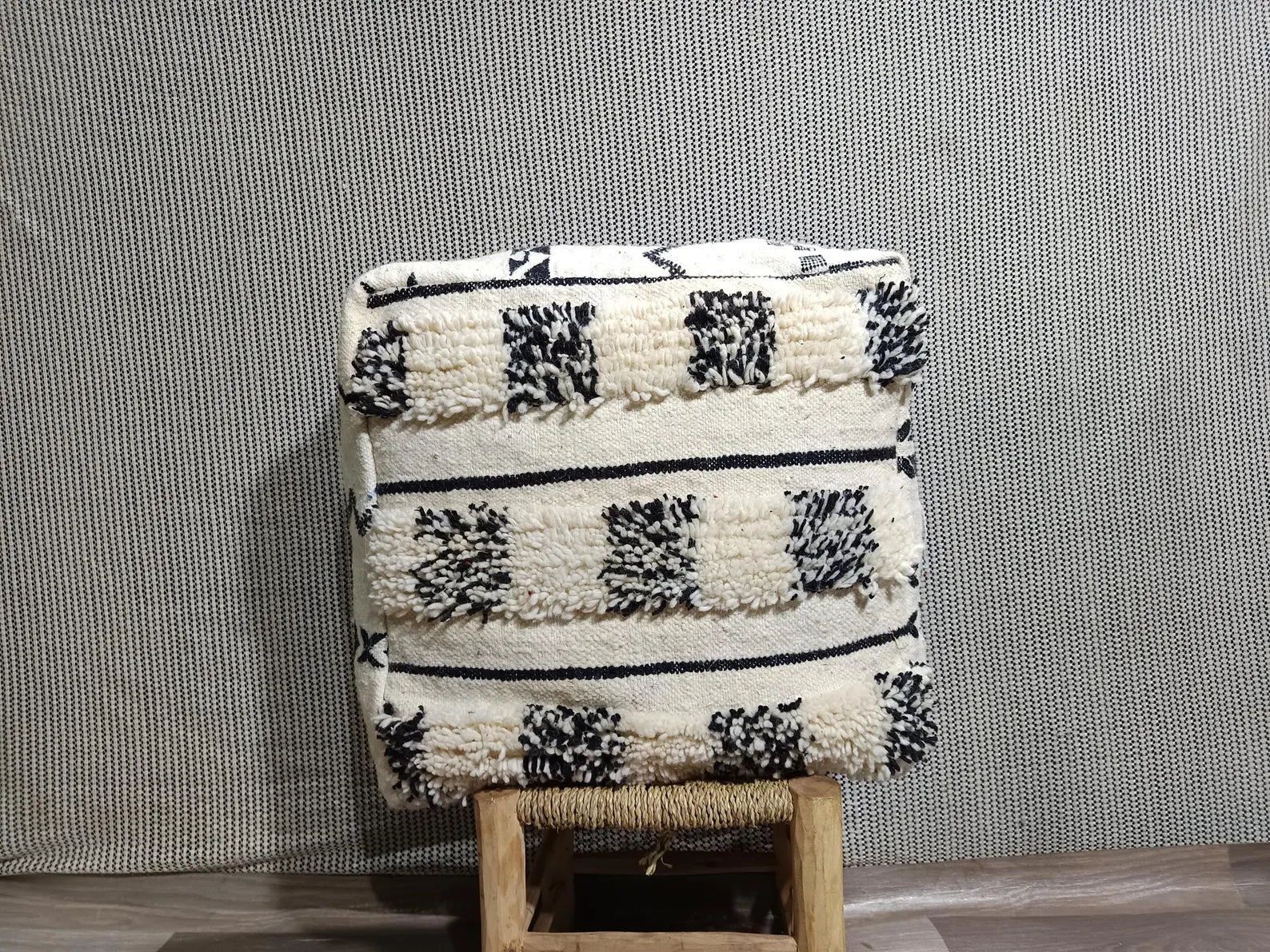 Hand-Knotted Beni Ourain Wool Pouf, 60cm x 60cm Moroccan Rug Ottoman