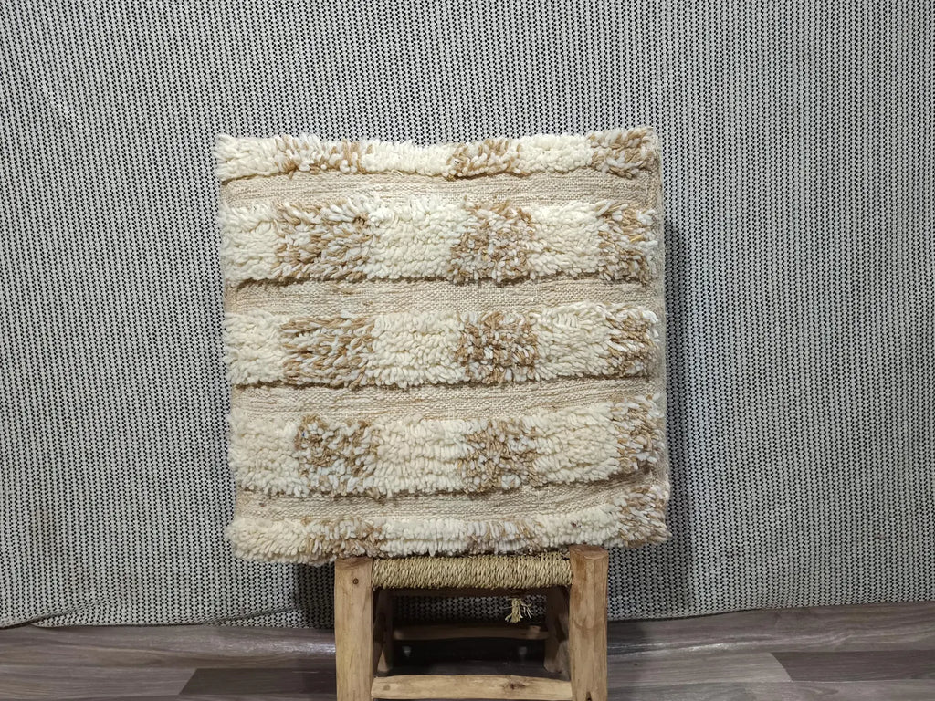 Handmade Moroccan Wool Pouf – Berber Kilim Accent Cushion, 60x60 cm, Multicolor