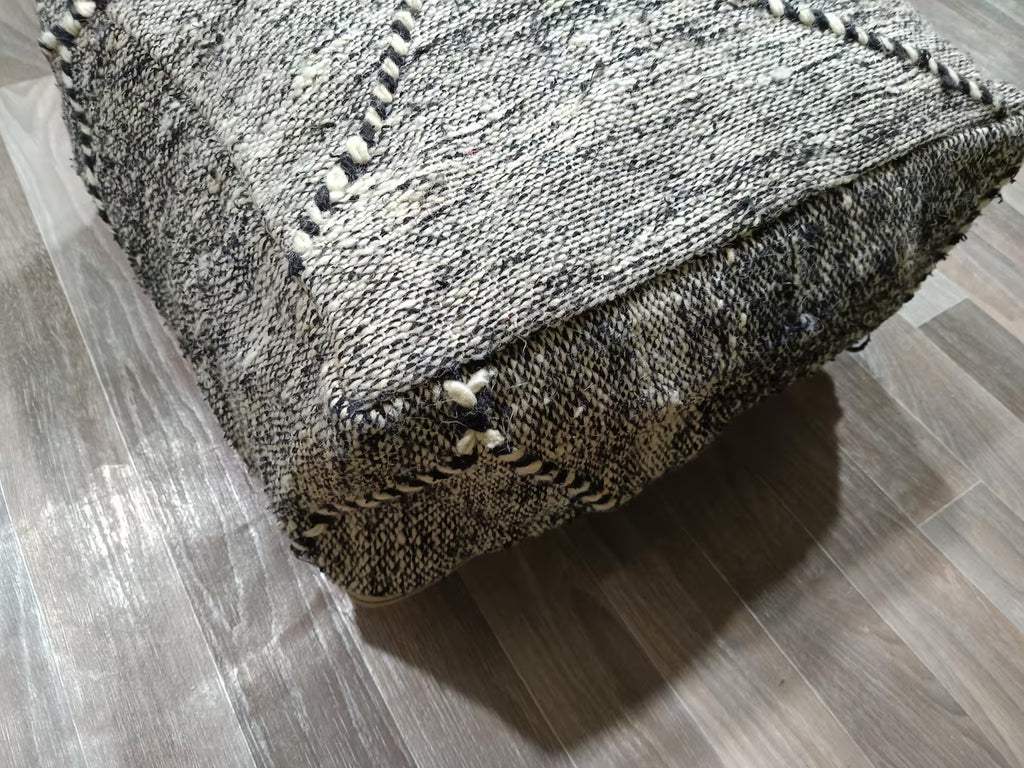 Hand-Knotted Beni Ourain Wool Pouf, 60cm x 60cm Vintage Moroccan Kilim