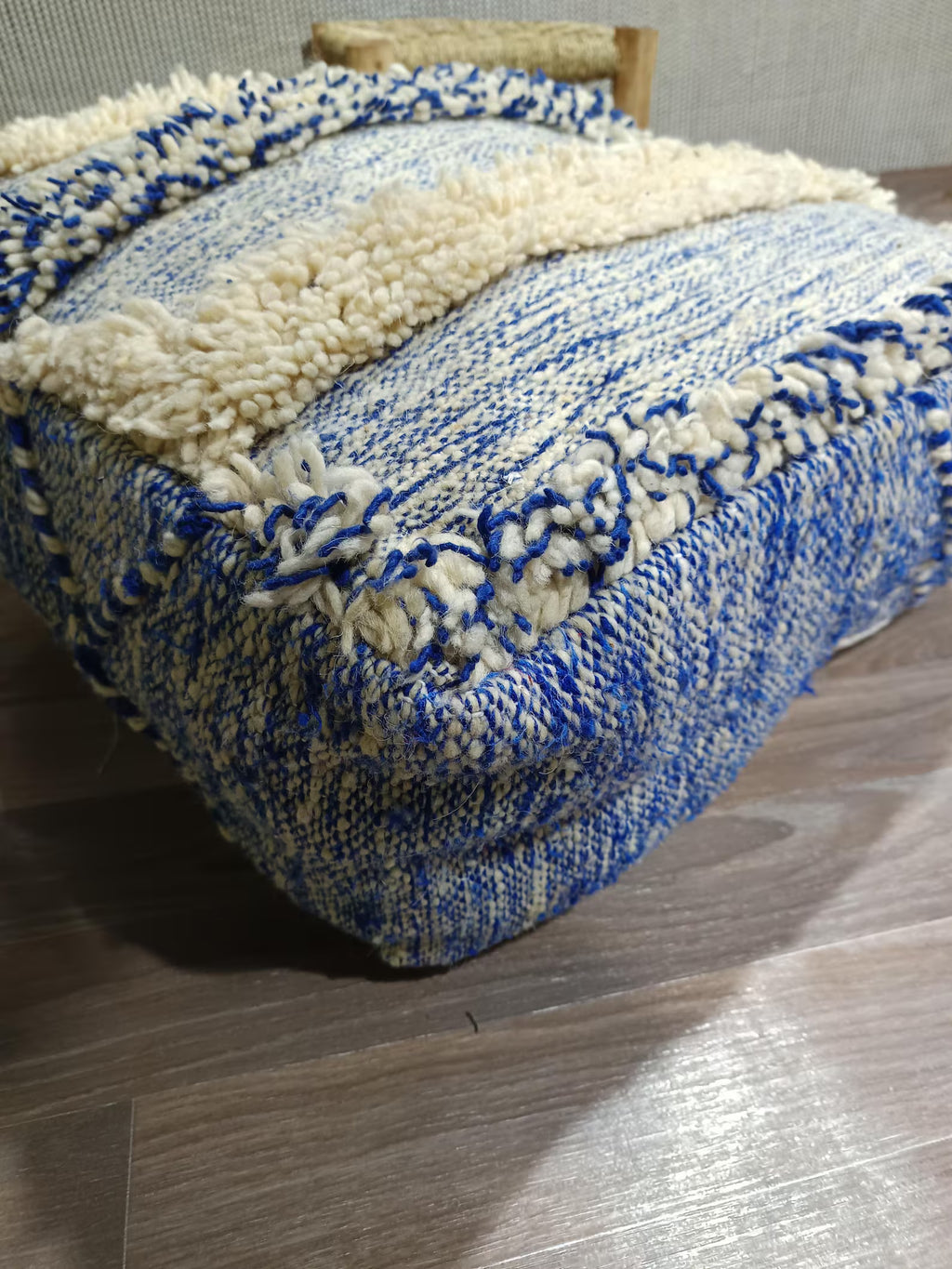 Handmade Moroccan Wool Pouf, Blue Boujaad Berber Kilim, 60cm x 60cm, Bohemian Home Decor