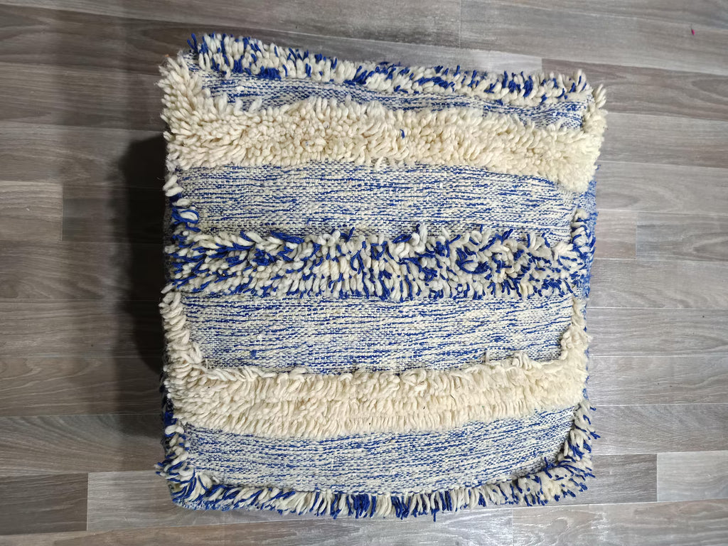 Handmade Moroccan Wool Pouf, Blue Boujaad Berber Kilim, 60cm x 60cm, Bohemian Home Decor