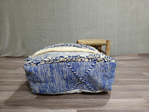 Handmade Moroccan Wool Pouf, Blue Boujaad Berber Kilim, 60cm x 60cm, Bohemian Home Decor