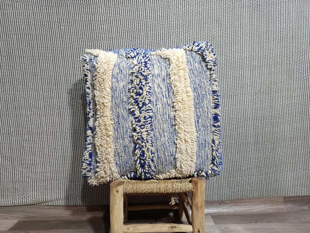 Handmade Moroccan Wool Pouf, Blue Boujaad Berber Kilim, 60cm x 60cm, Bohemian Home Decor