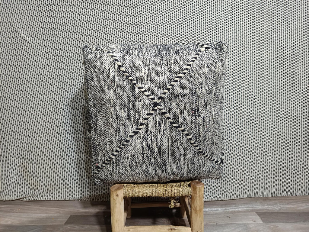 Hand-Knotted Beni Ourain Wool Pouf, 60cm x 60cm Vintage Moroccan Kilim
