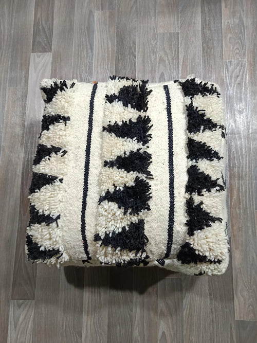 Handmade Moroccan Wool Pouf, Checkered Berber Kilim, 60cm x 60cm, Bohemian Home Decor