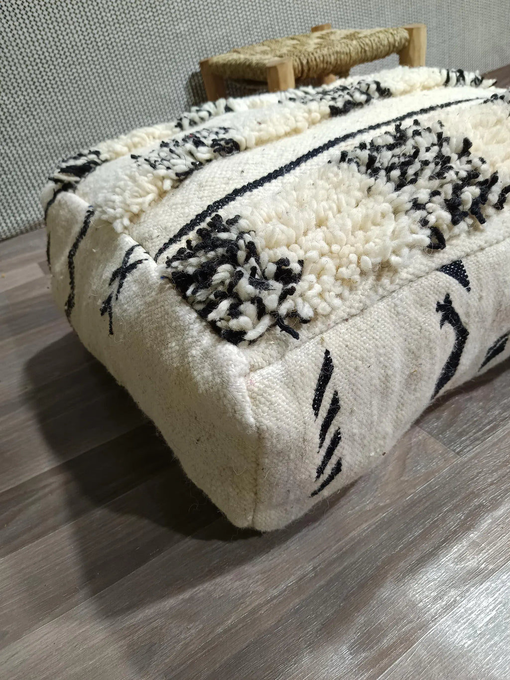 Hand-Knotted Beni Ourain Wool Pouf, 60cm x 60cm Moroccan Rug Ottoman