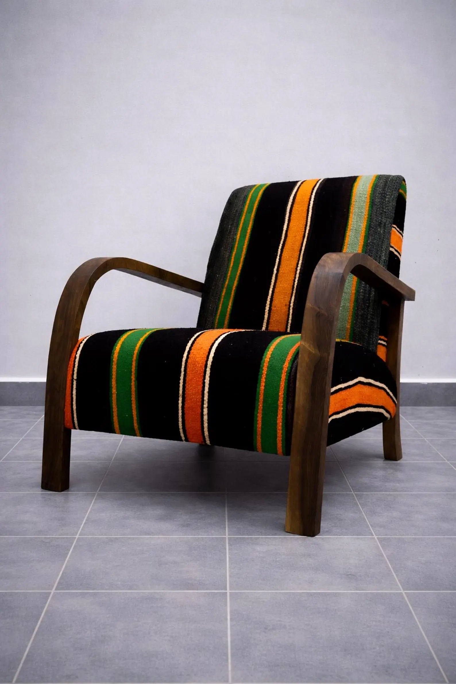 Handmade Moroccan Walnut Wood Lounge Chair – Striped Wool Upholstered Accent Chair, 70x50x80 cm