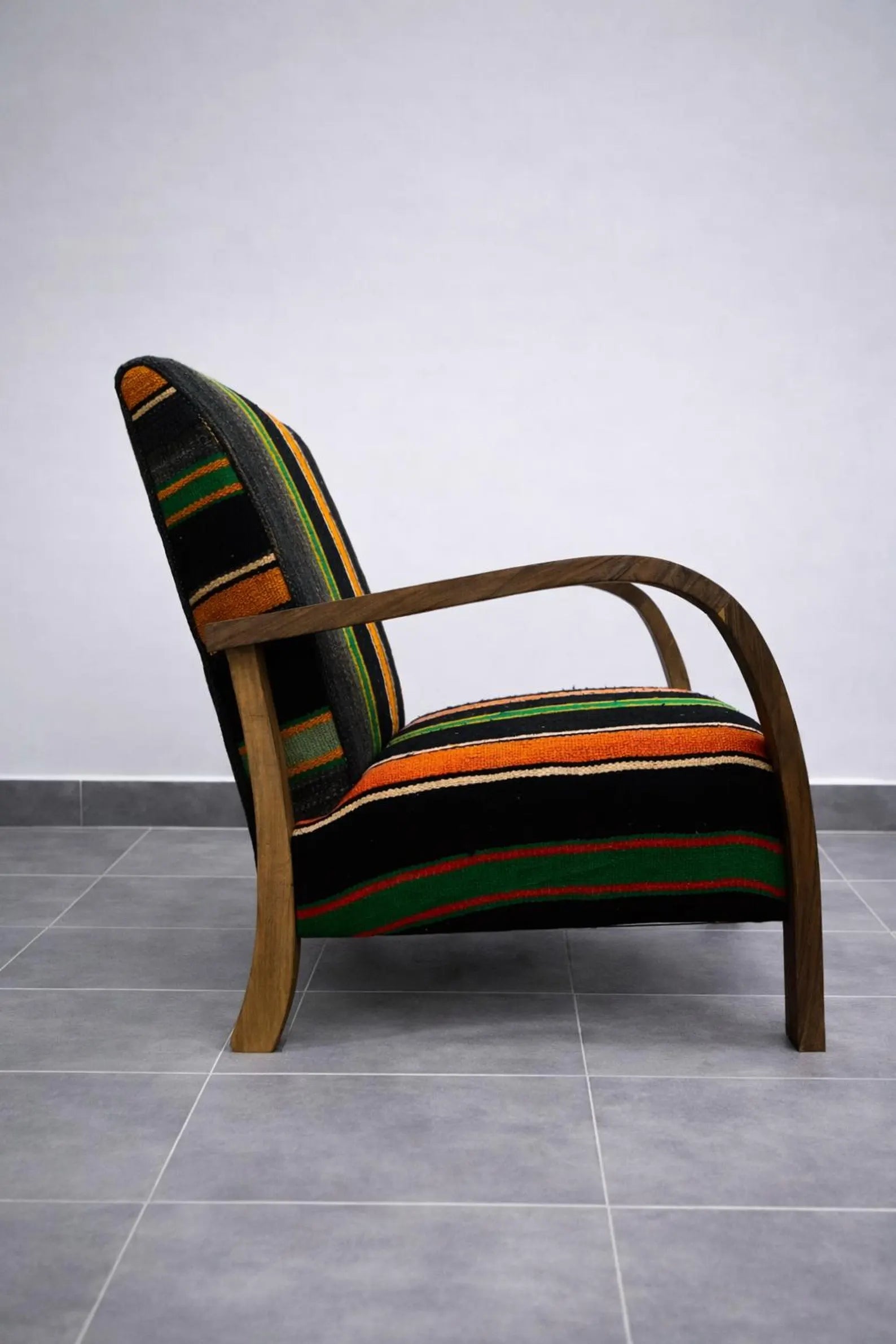 Handmade Moroccan Walnut Wood Lounge Chair – Striped Wool Upholstered Accent Chair, 70x50x80 cm