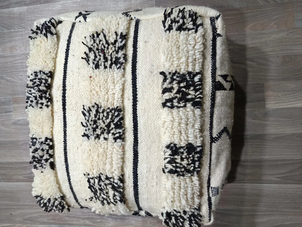 Hand-Knotted Beni Ourain Wool Pouf, 60cm x 60cm Moroccan Rug Ottoman