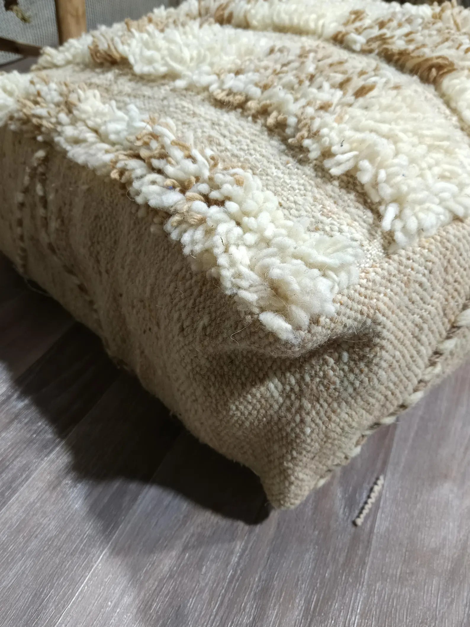 Handmade Moroccan Wool Pouf – Berber Kilim Accent Cushion, 60x60 cm, Multicolor