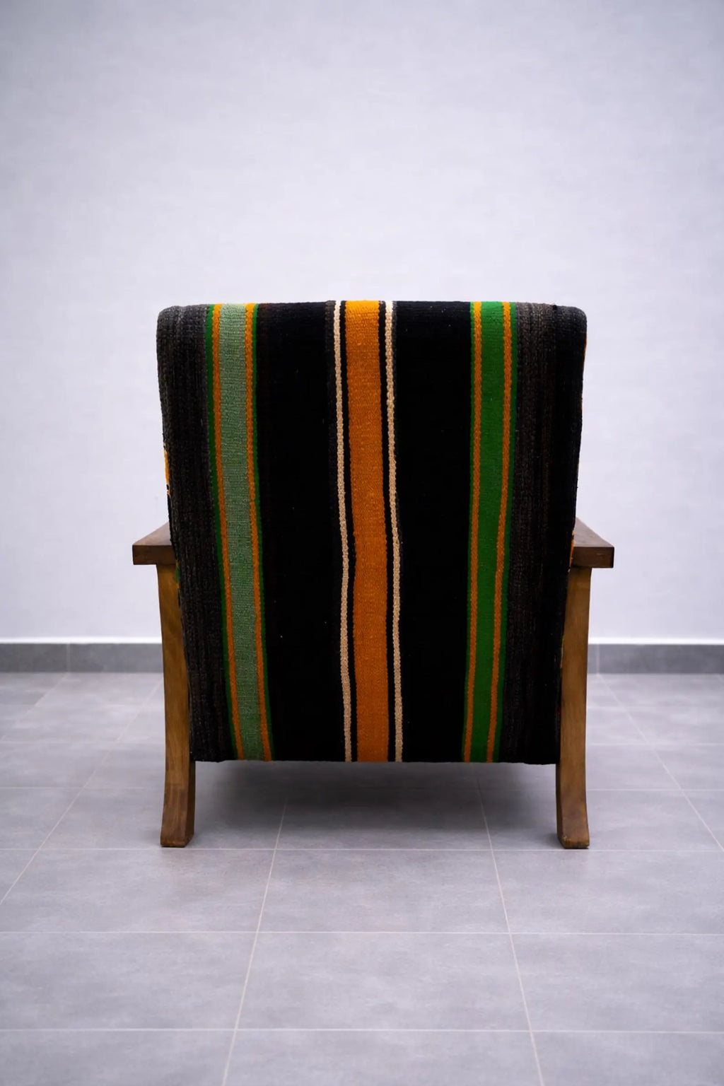 Handmade Moroccan Walnut Wood Lounge Chair – Striped Wool Upholstered Accent Chair, 70x50x80 cm